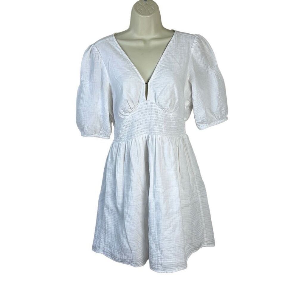 Billabong Spellbound White Salt Crystal Puff Sleeve A-Line Dress Size L